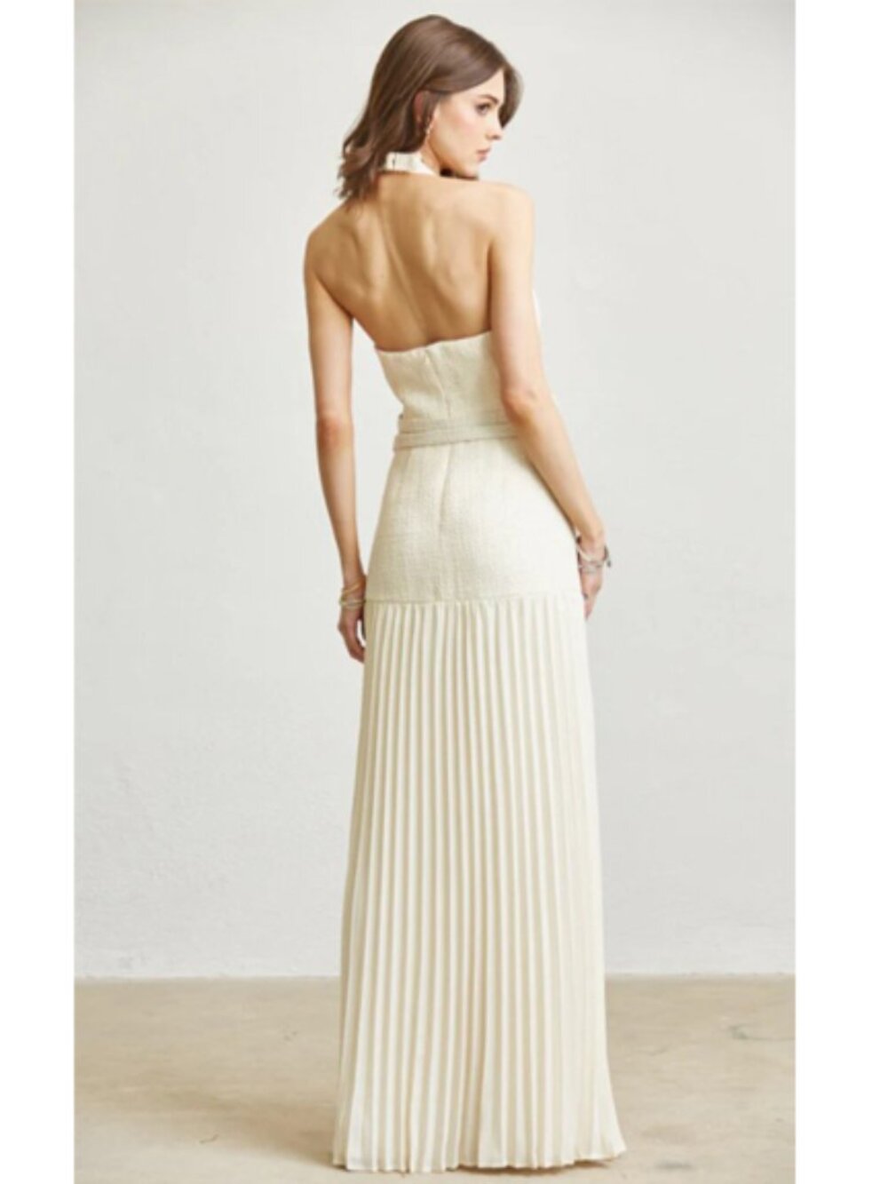 B03. Cream Luxe Halter Pleated Maxi Dress with Double Belt Detail - Picture 4 of 4